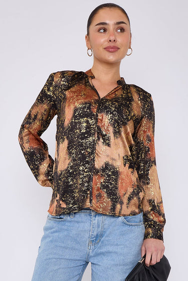 Brown Abstract Print Gold Foil Splash Print Blouse