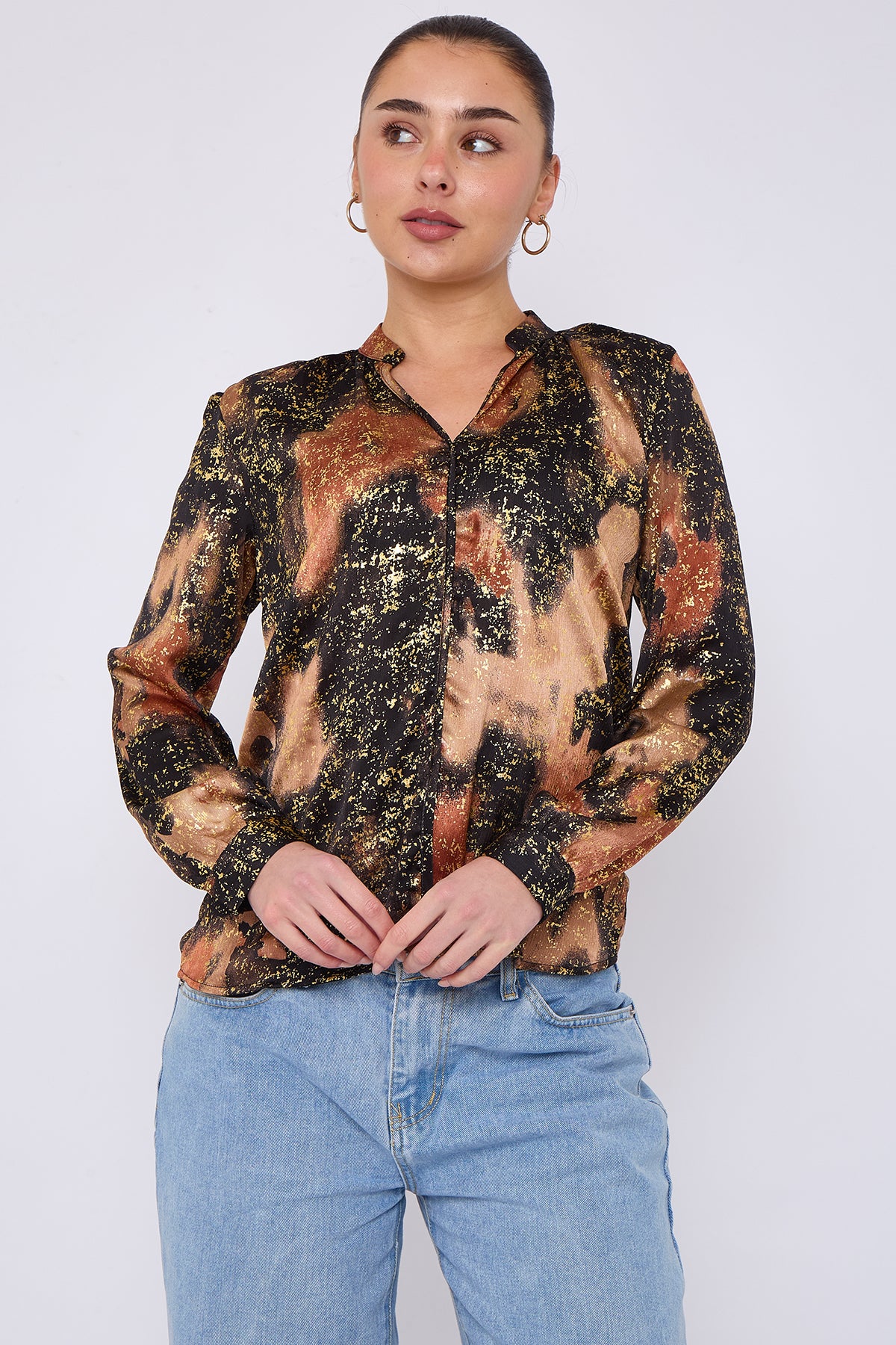 Brown Abstract Print Gold Foil Splash Print Blouse
