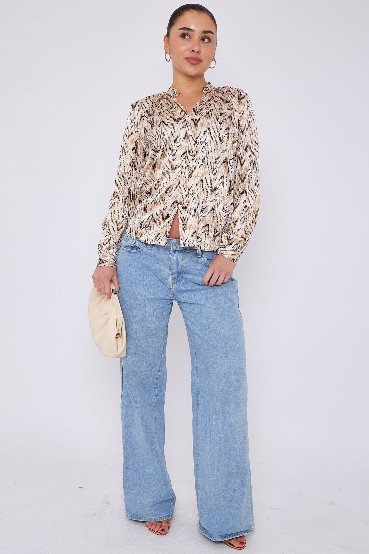 White Aztec Print Gold Foil Dotted Blouse