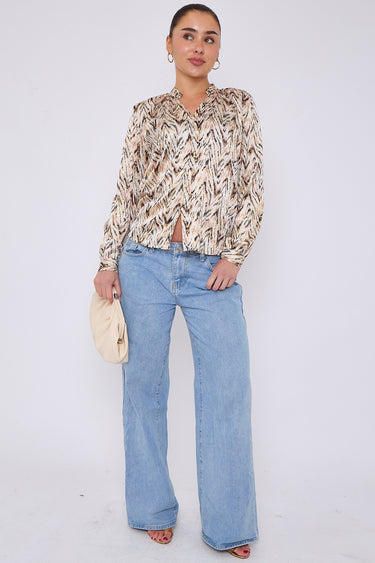 White Aztec Print Gold Foil Dotted Blouse