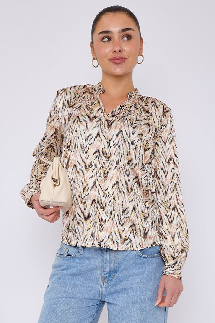 White Aztec Print Gold Foil Dotted Blouse