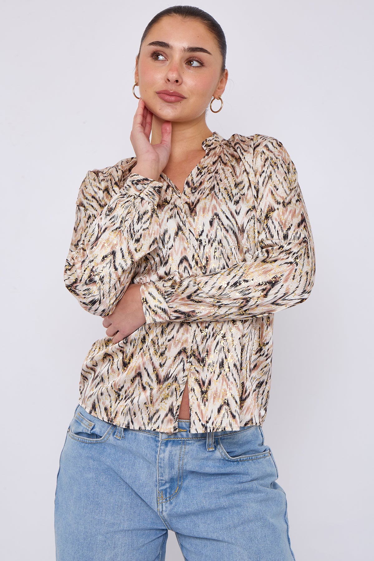 White Aztec Print Gold Foil Dotted Blouse