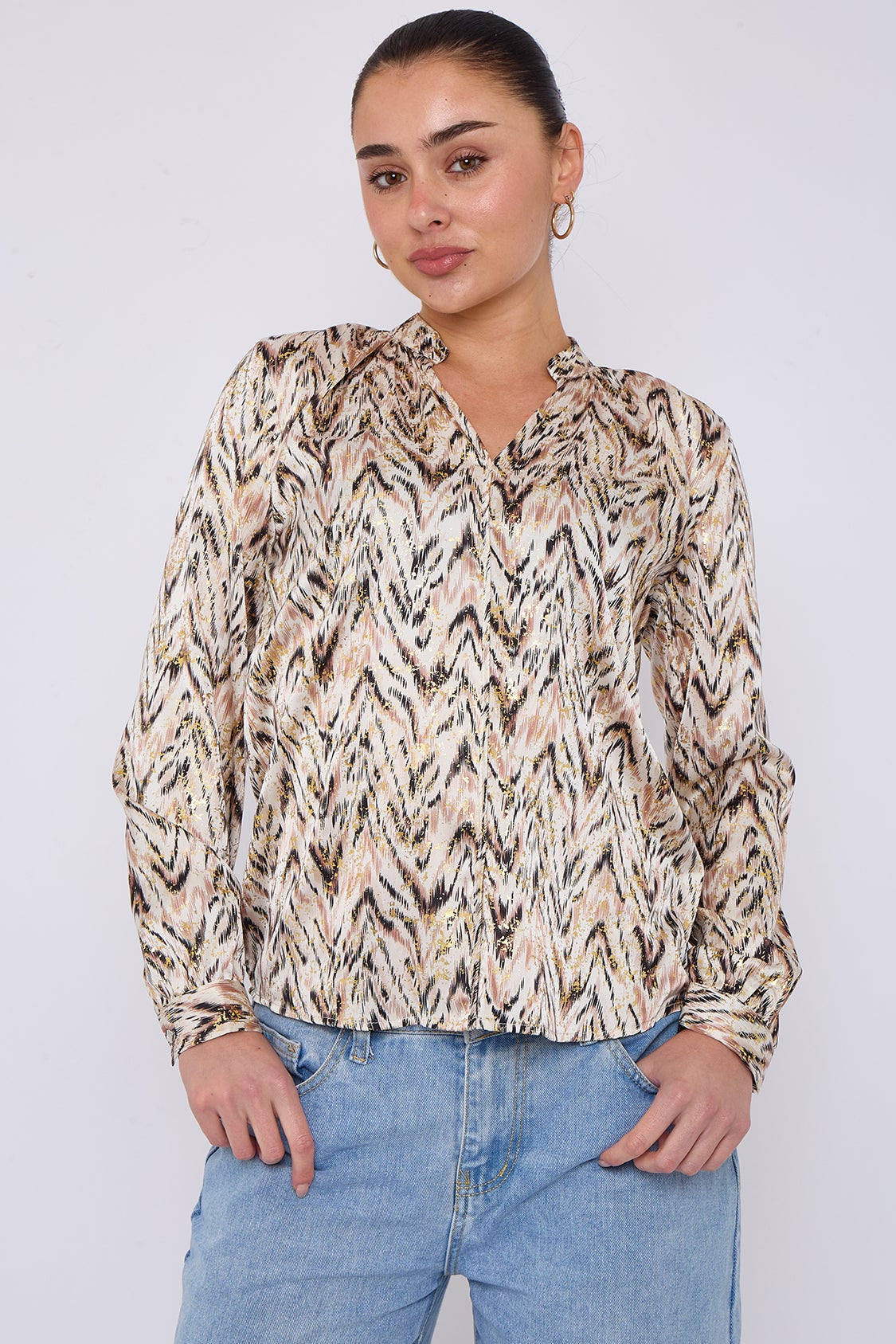 White Aztec Print Gold Foil Dotted Blouse