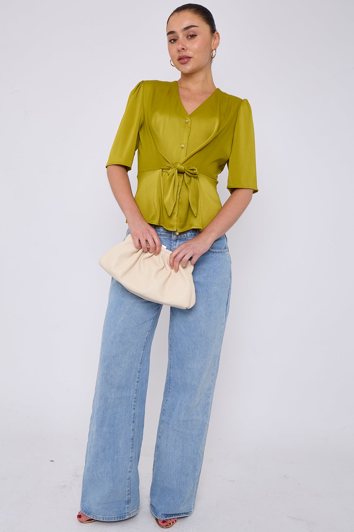 Lime Green Short Sleeve Knotted Crepe Satin Top