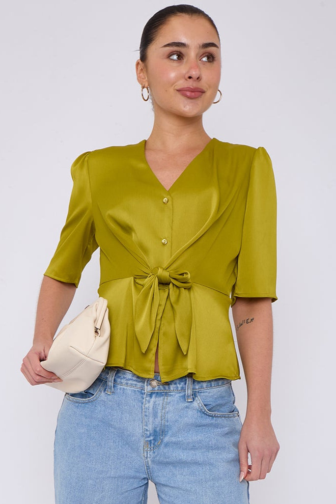 Lime Green Short Sleeve Knotted Crepe Satin Top