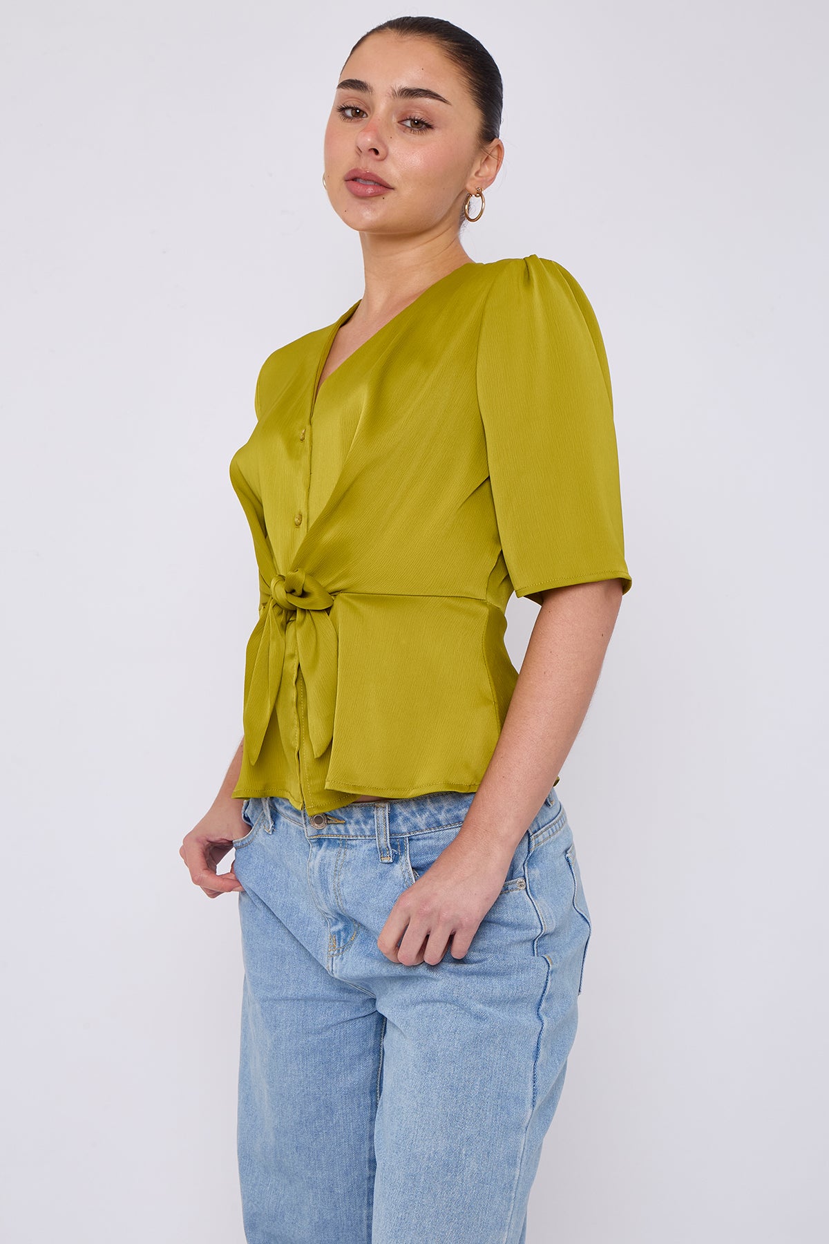 Lime Green Short Sleeve Knotted Crepe Satin Top