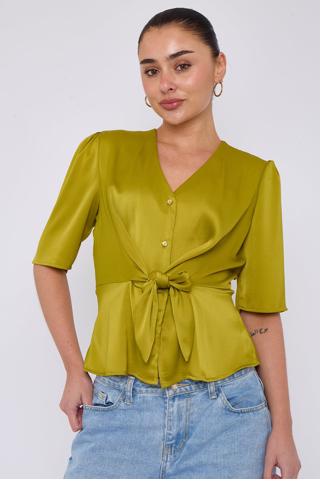 Lime Green Short Sleeve Knotted Crepe Satin Top