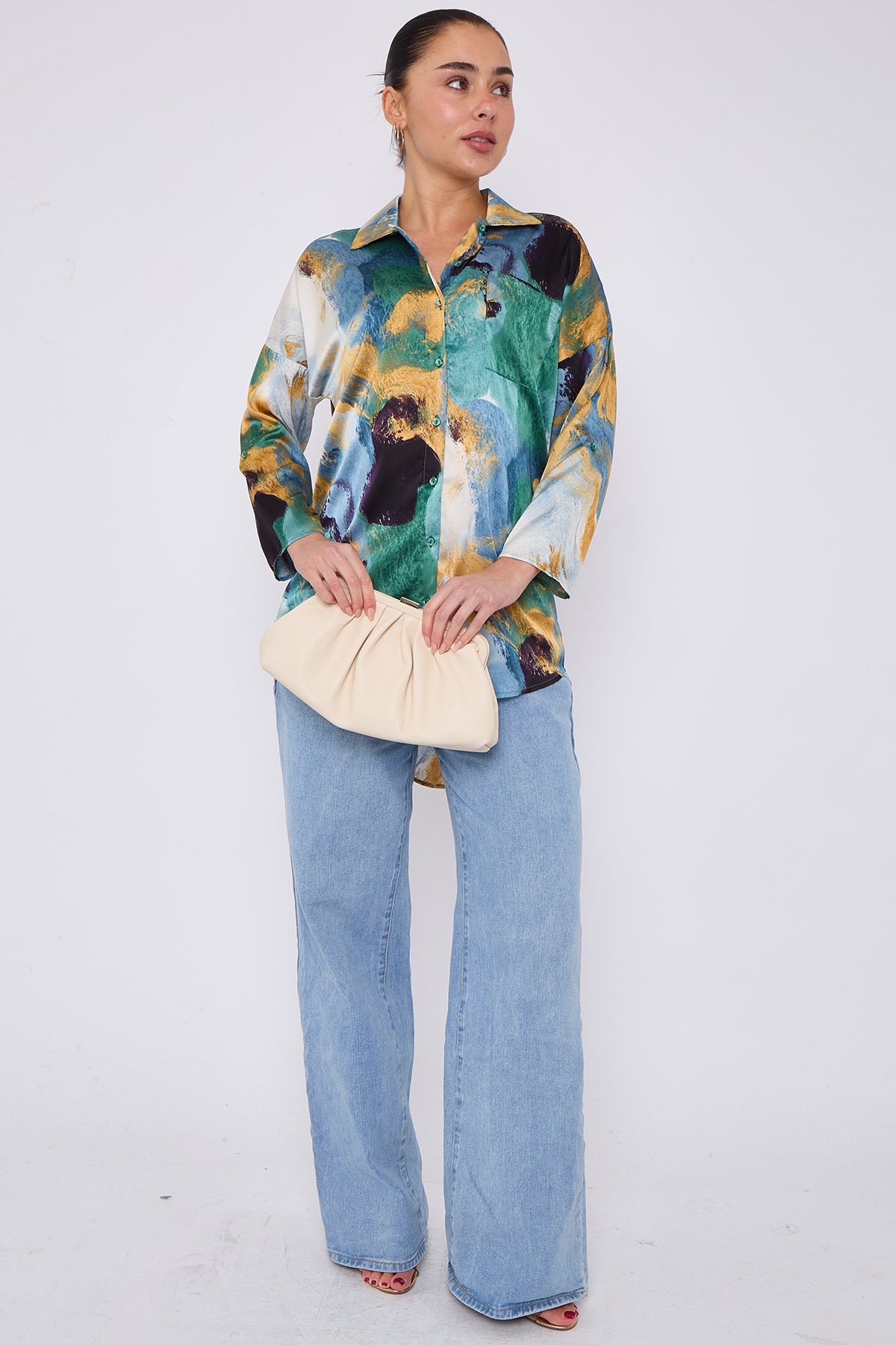 Emerald and Mustard Watercolour Print Satin Shirt