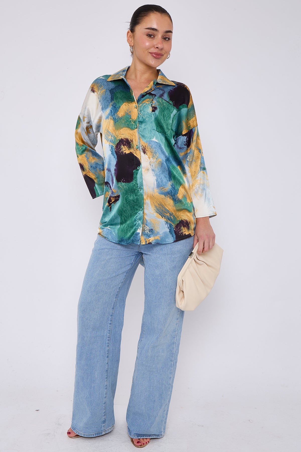 Emerald and Mustard Watercolour Print Satin Shirt