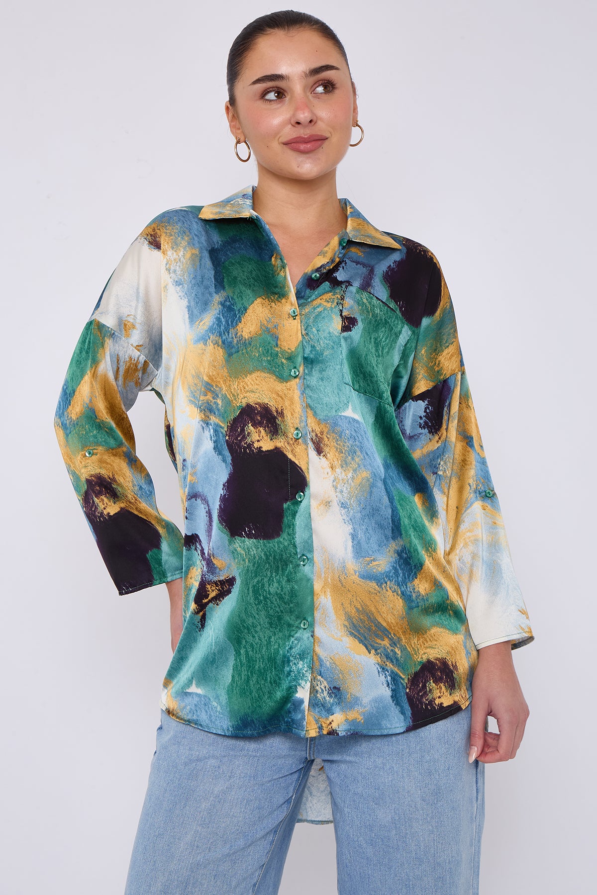 Emerald and Mustard Watercolour Print Satin Shirt