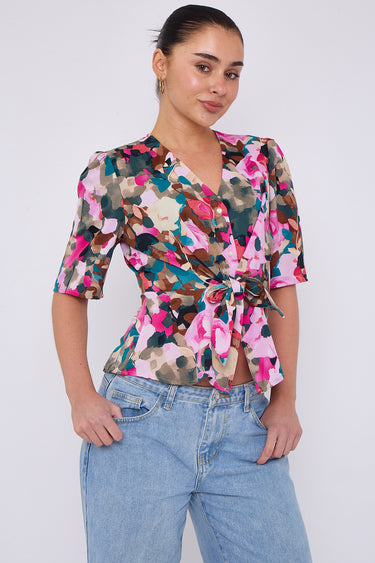 Pink Roses Print Short Sleeve Knotted Top