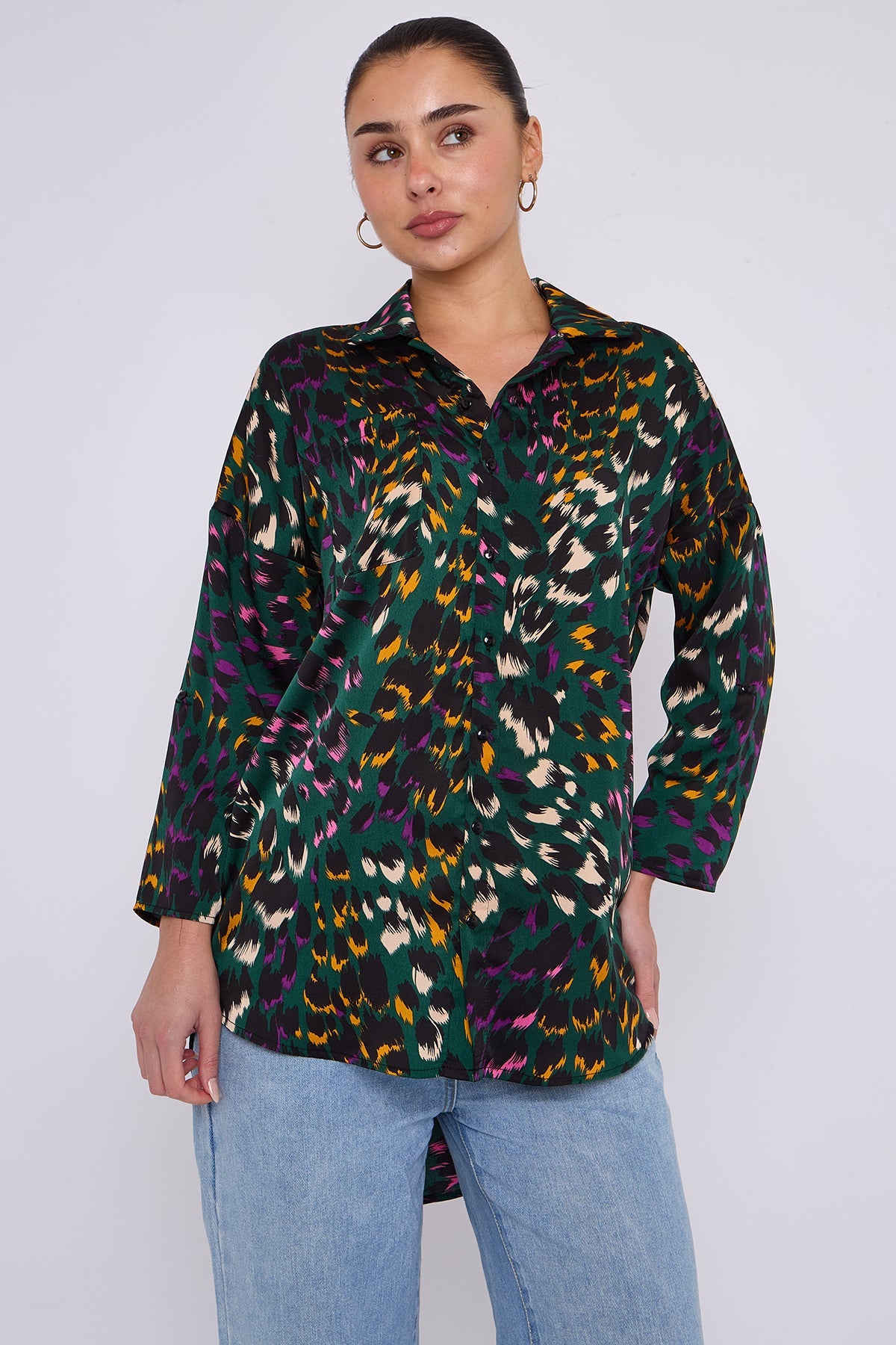 Emerald Leopard Print Satin Oversized Shirt