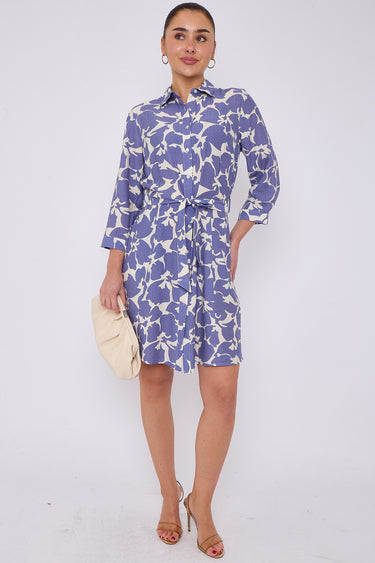 Lilac Floral Print Belted Mini Shirt Dress