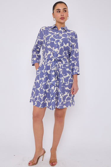 Lilac Floral Print Belted Mini Shirt Dress