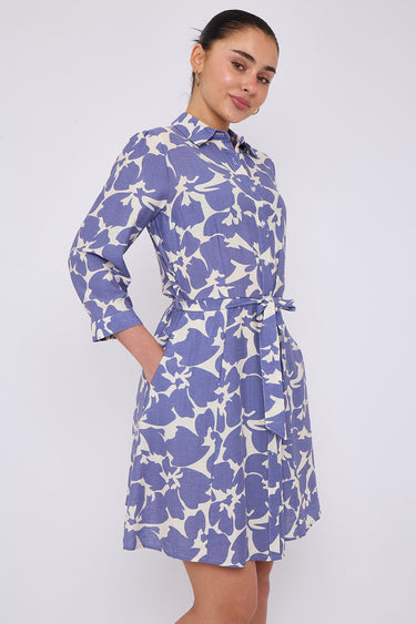 Lilac Floral Print Belted Mini Shirt Dress