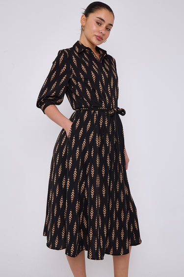 Tan Chevron Print Half Sleeve Black Midi Shirt Dress