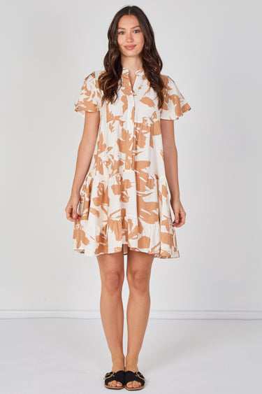 Mocha Floral Print Short Sleeve Flared Mini Dress