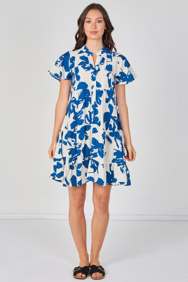 Blue Floral Print Short Sleeve Flared Mini Dress