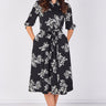 Love Sunshine Black & Ivory Rose Print Belted Midi Shirt Dress Brunch Dress Casual Dress Dress with Pockets Dresses Everyday Dress LS-2045 Workwear Dress