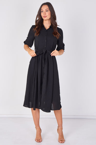 Love Sunshine Black Textured Crepe Belted Midi Shirt Dress Brunch Dress Casual Dress Dress with Pockets Dresses Everyday Dress LS-2045 Workwear Dress