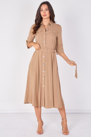 Love Sunshine Camel Utility Belted Midi Shirt Dress Brunch Dress Casual Dress Dress with Pockets Dresses Everyday Dress Workwear Dress