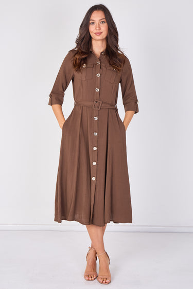 Love Sunshine Chocolate Utility Belted Midi Shirt Dress Brunch Dress Casual Dress Dress with Pockets Dresses Everyday Dress Workwear Dress