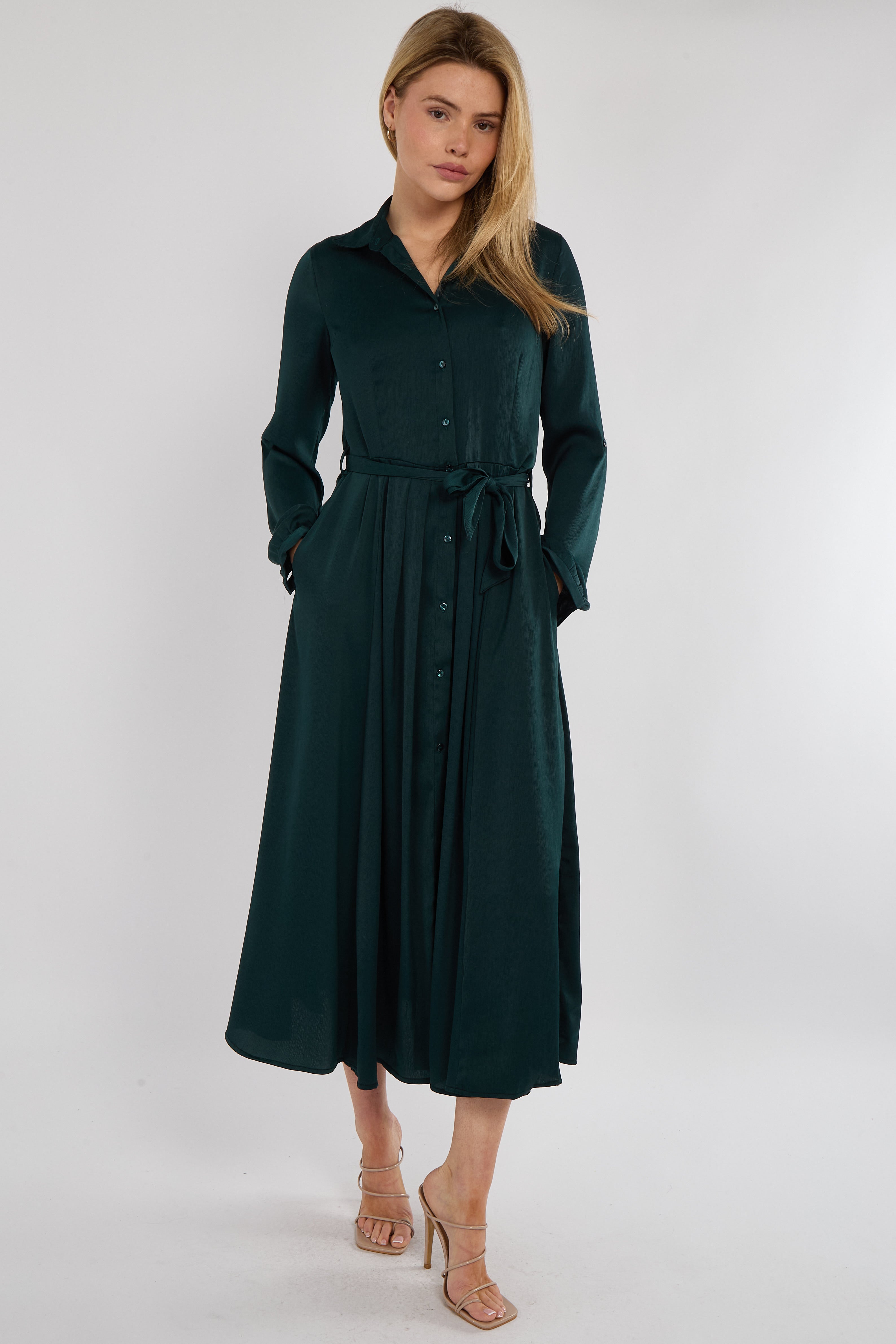Emerald Layer Satin Long Sleeve Maxi Shirt Dress