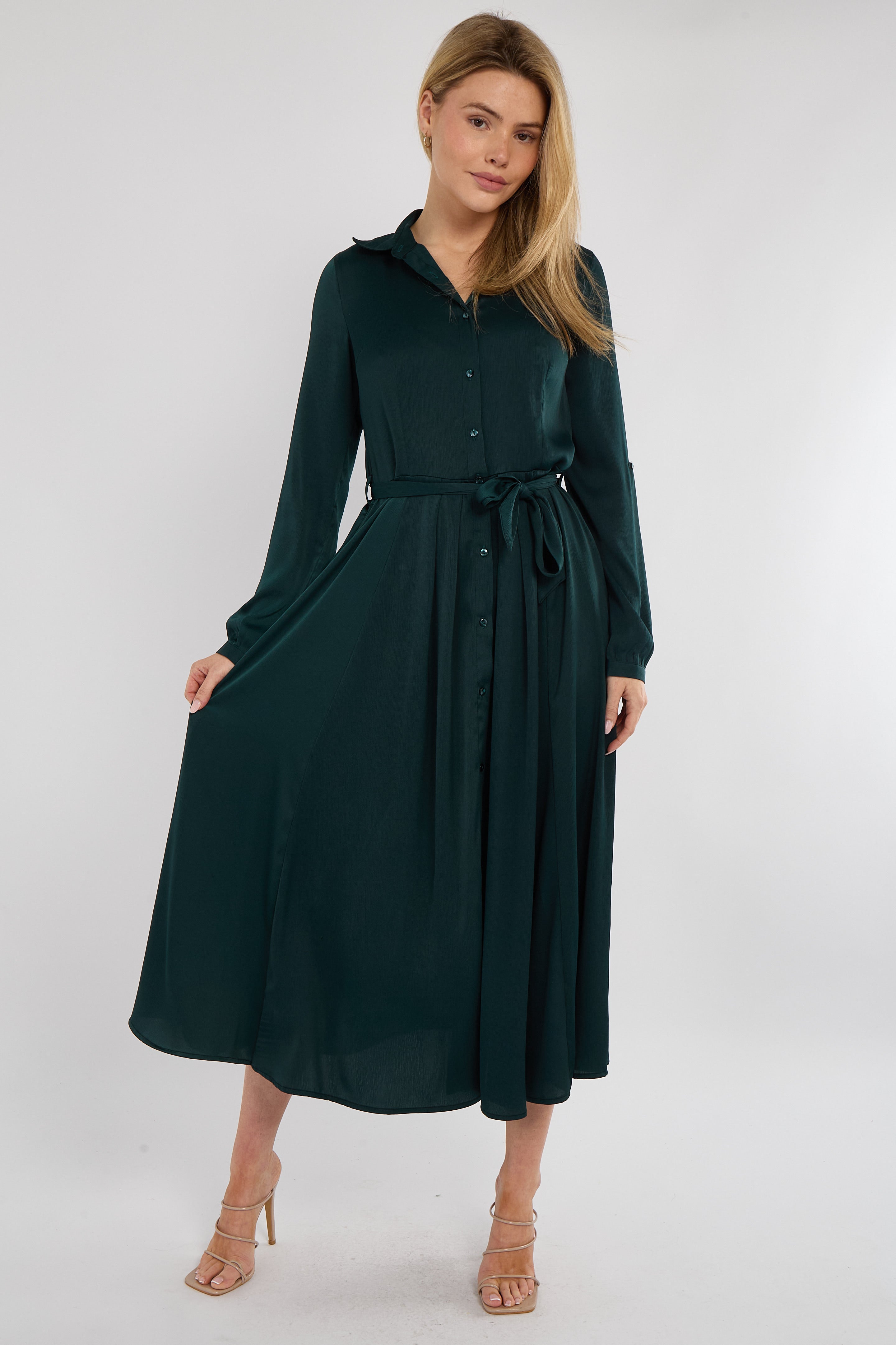 Emerald Layer Satin Long Sleeve Maxi Shirt Dress