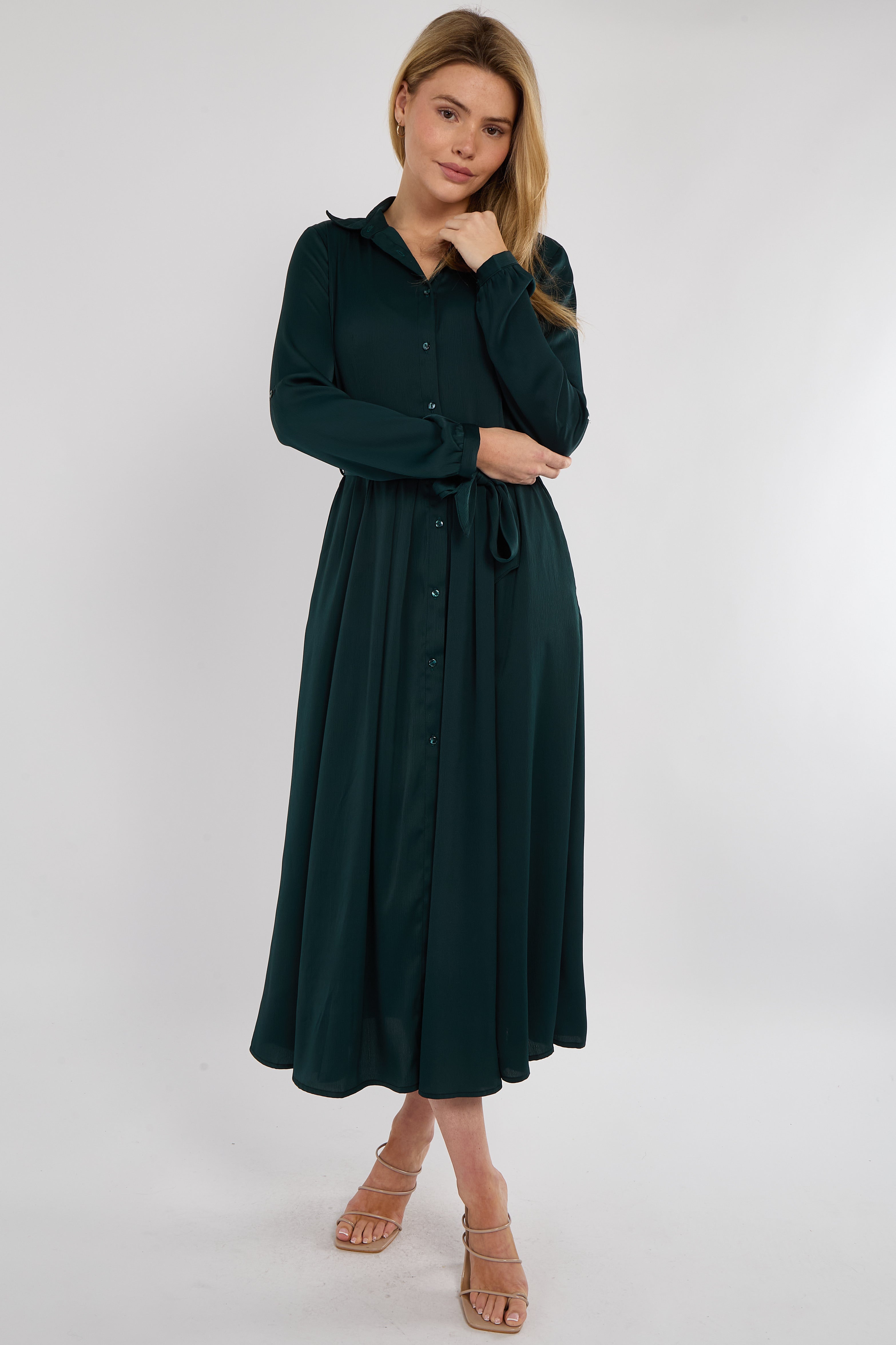 Emerald Layer Satin Long Sleeve Maxi Shirt Dress
