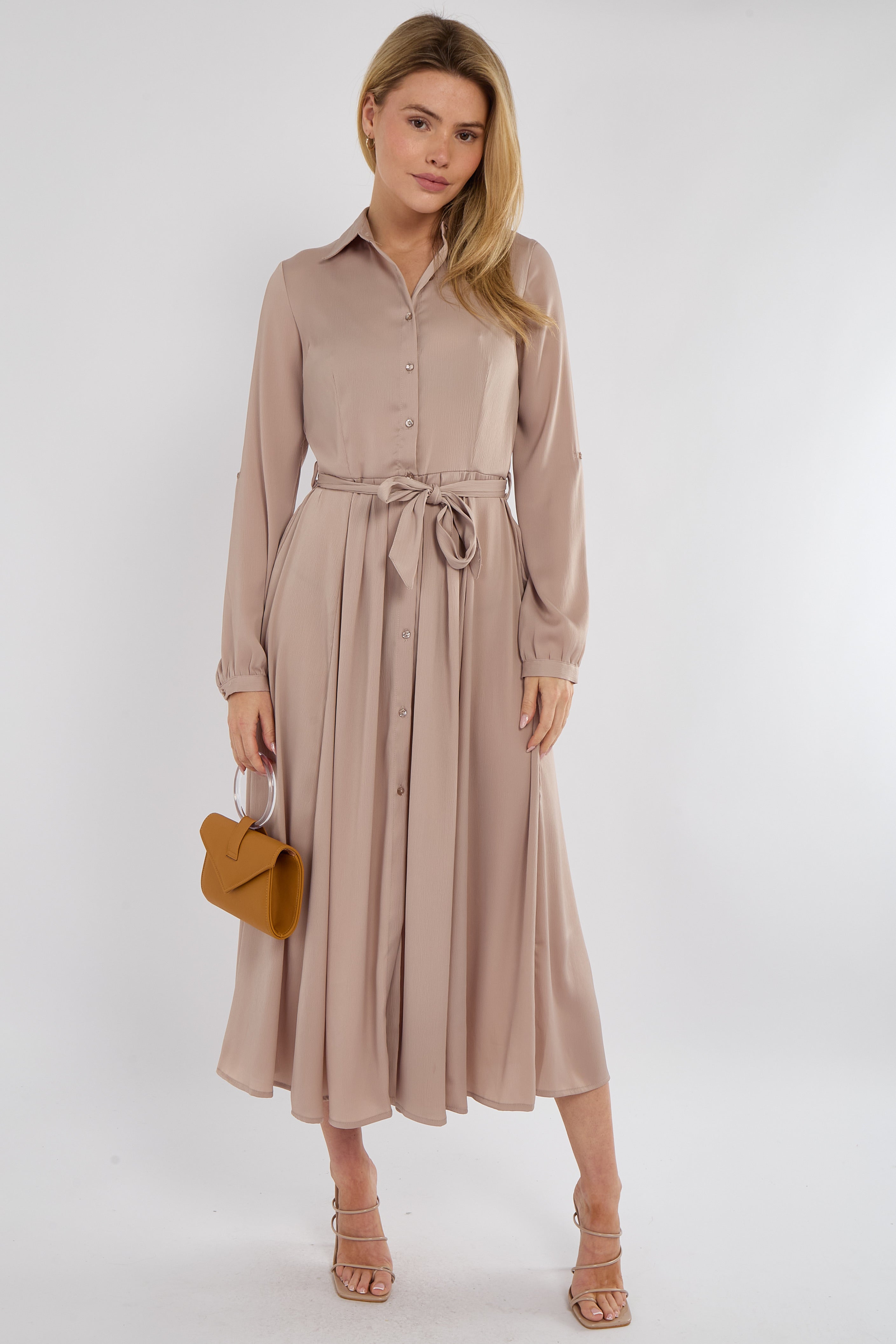 Champagne Layered Satin Long Sleeve Maxi Shirt Dress
