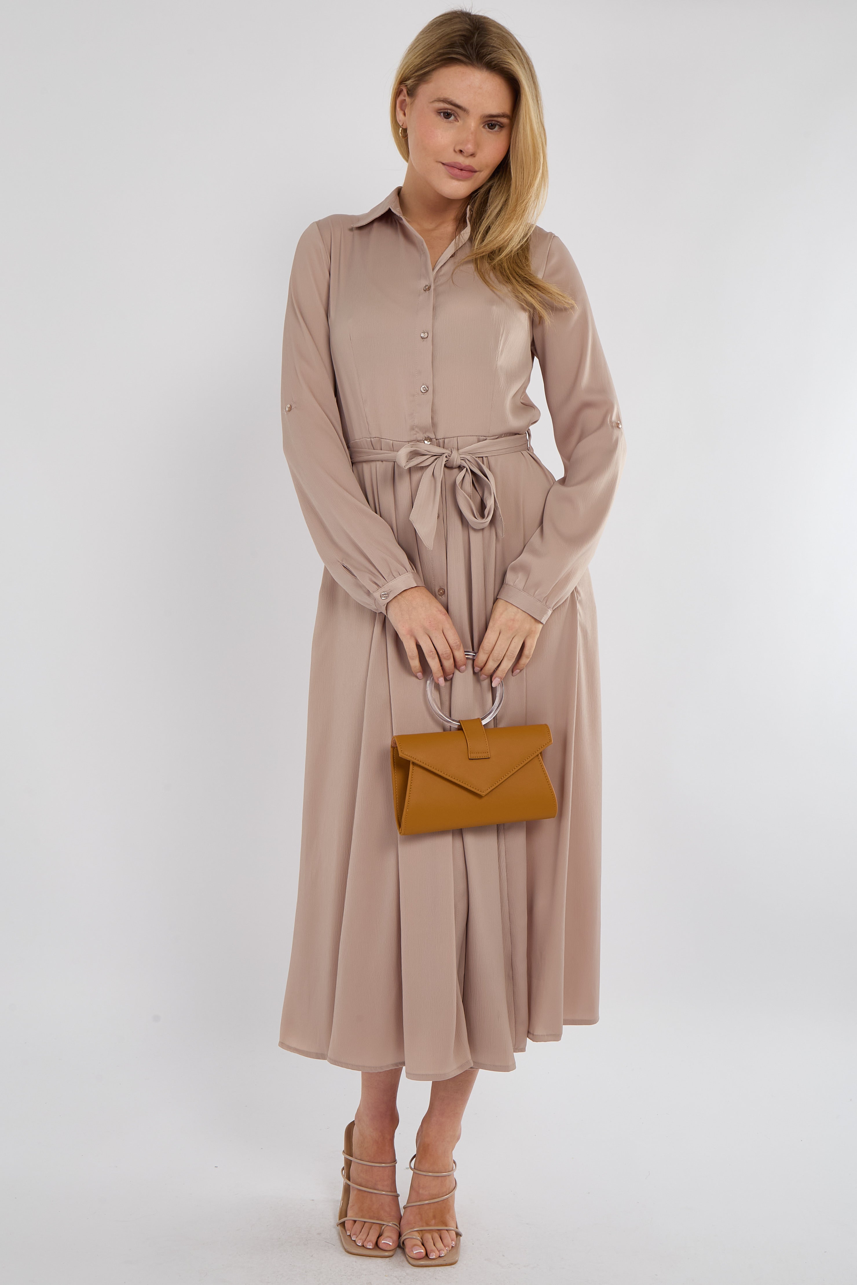 Champagne Layered Satin Long Sleeve Maxi Shirt Dress