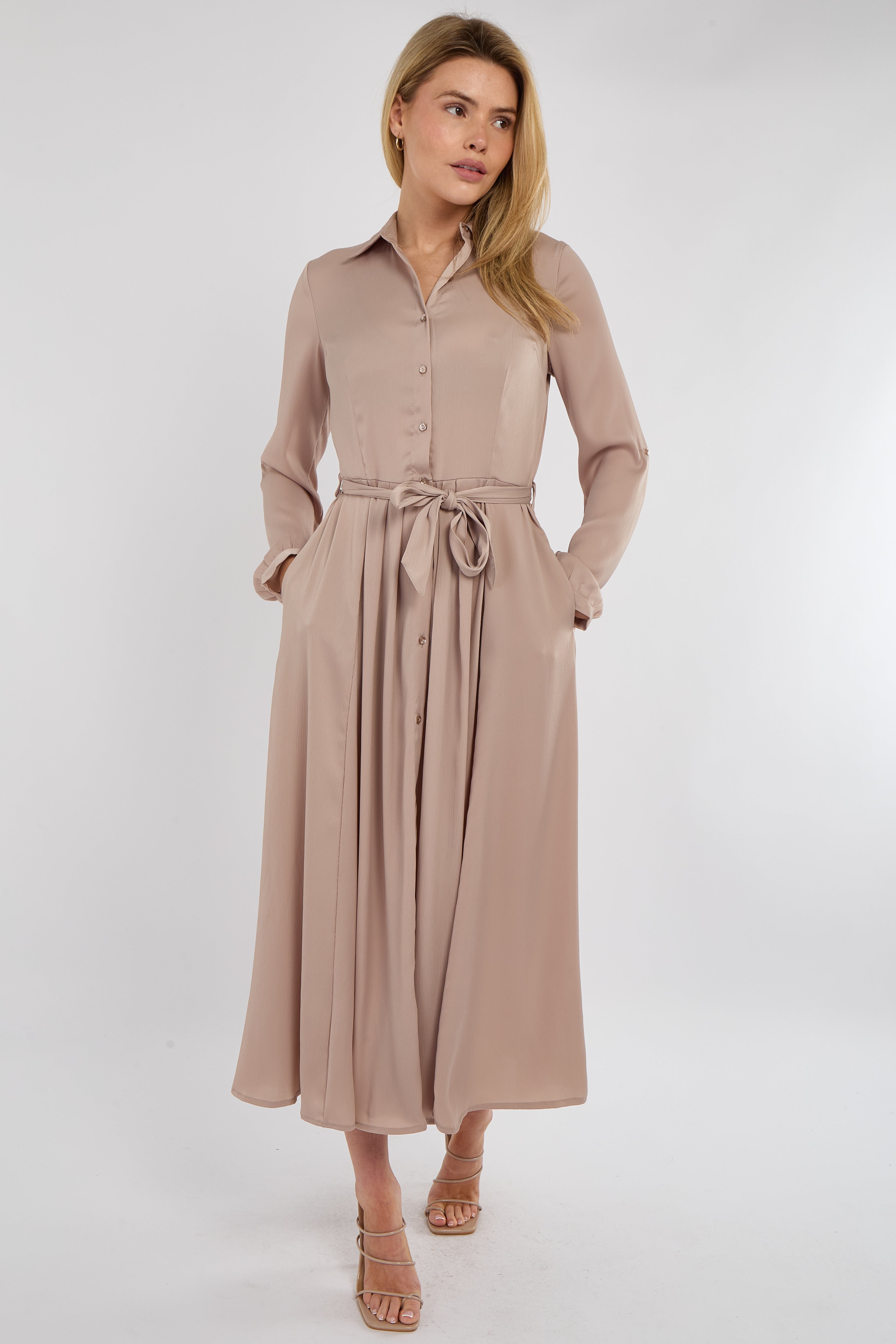 Champagne Layered Satin Long Sleeve Maxi Shirt Dress