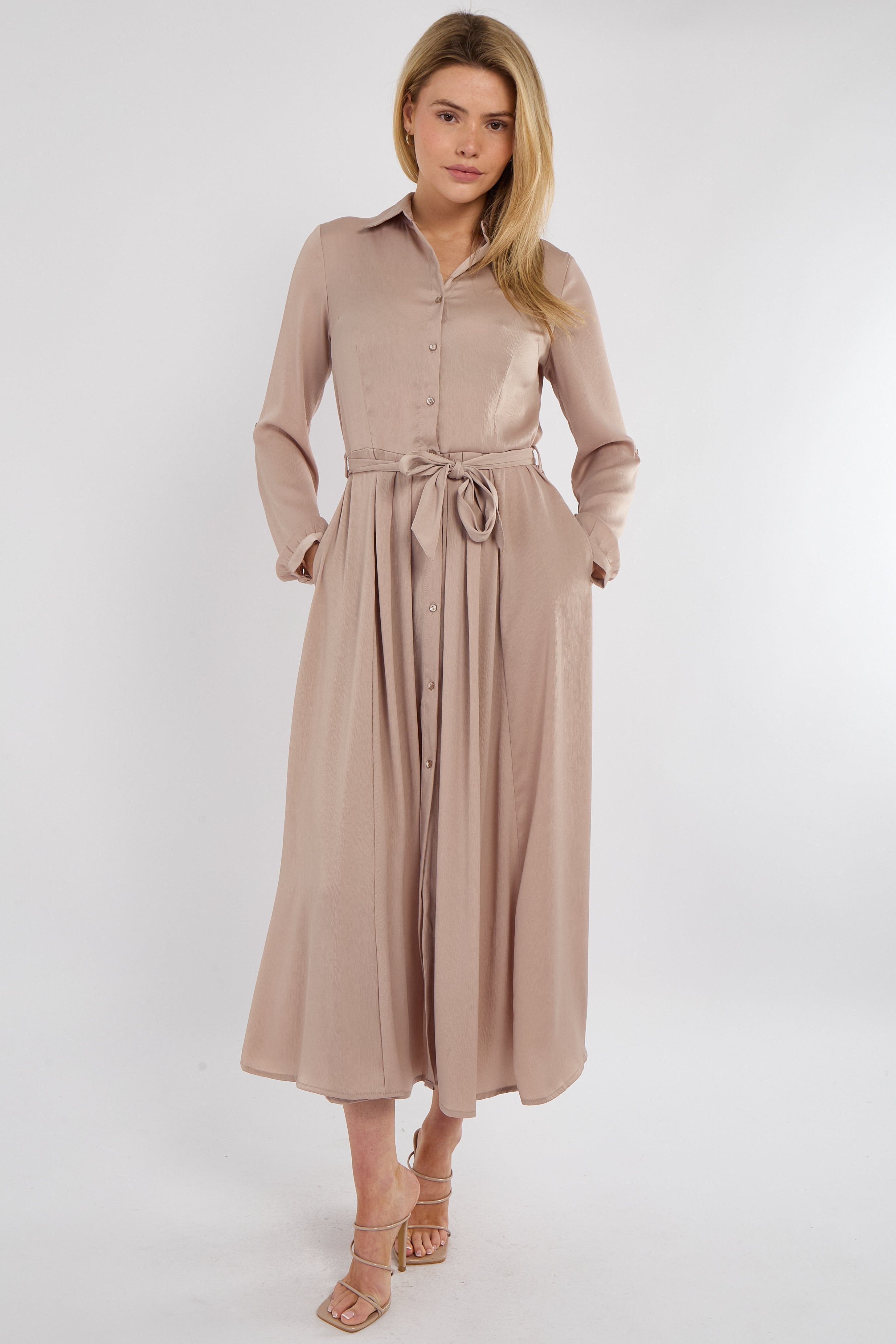 Champagne Layered Satin Long Sleeve Maxi Shirt Dress