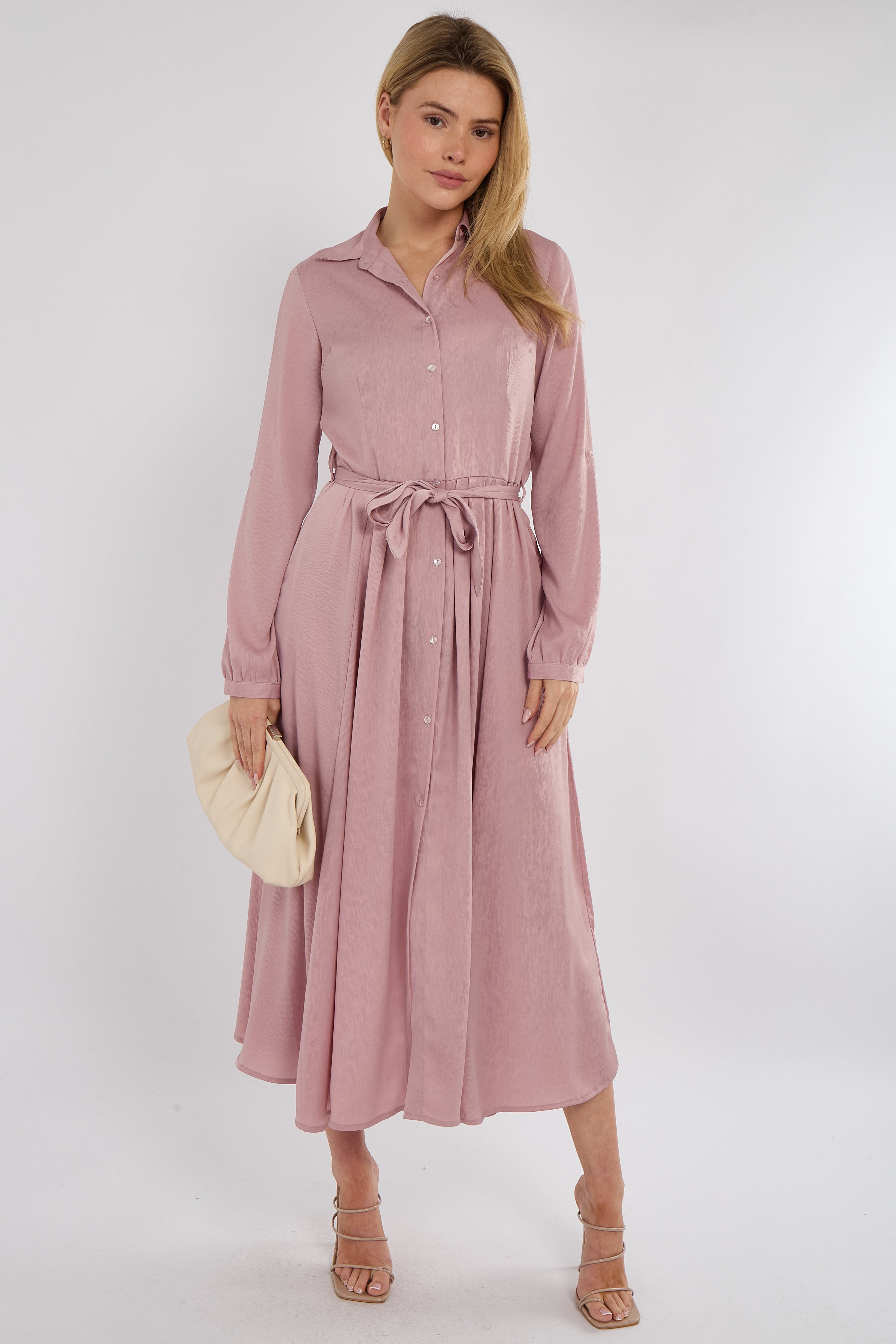 Pink Layer Satin Long Sleeve Maxi Shirt Dress