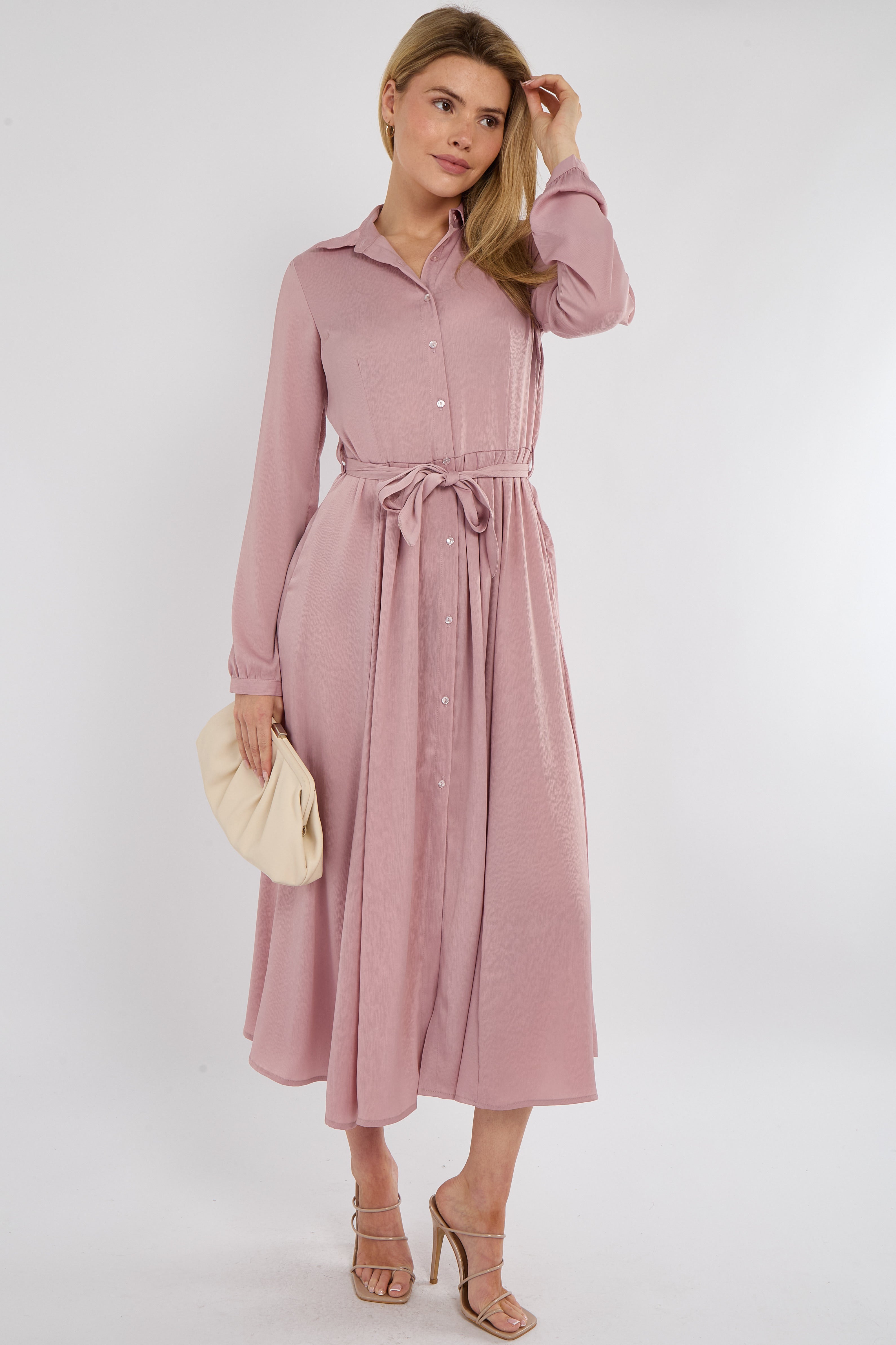 Pink Layer Satin Long Sleeve Maxi Shirt Dress
