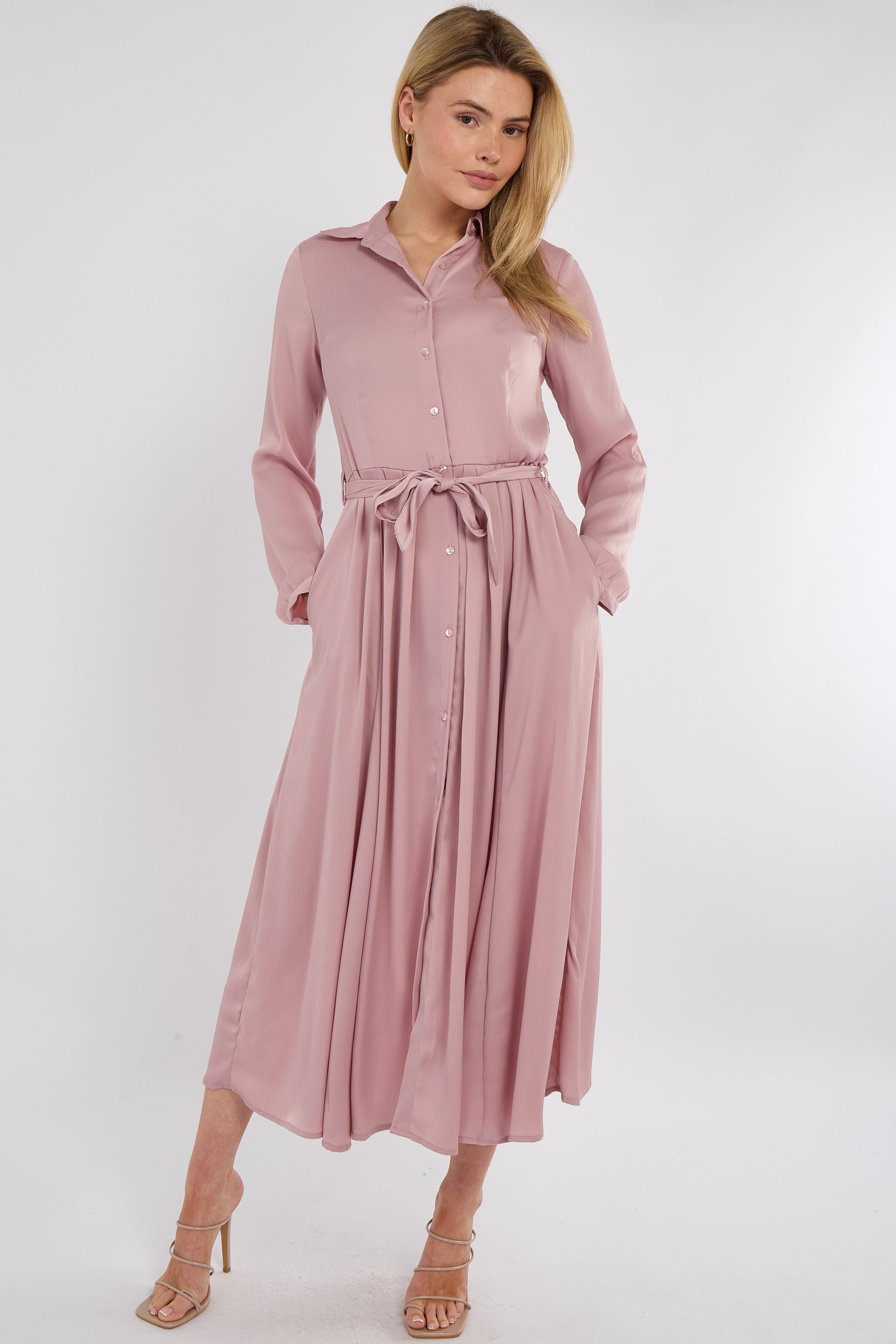 Pink Layer Satin Long Sleeve Maxi Shirt Dress