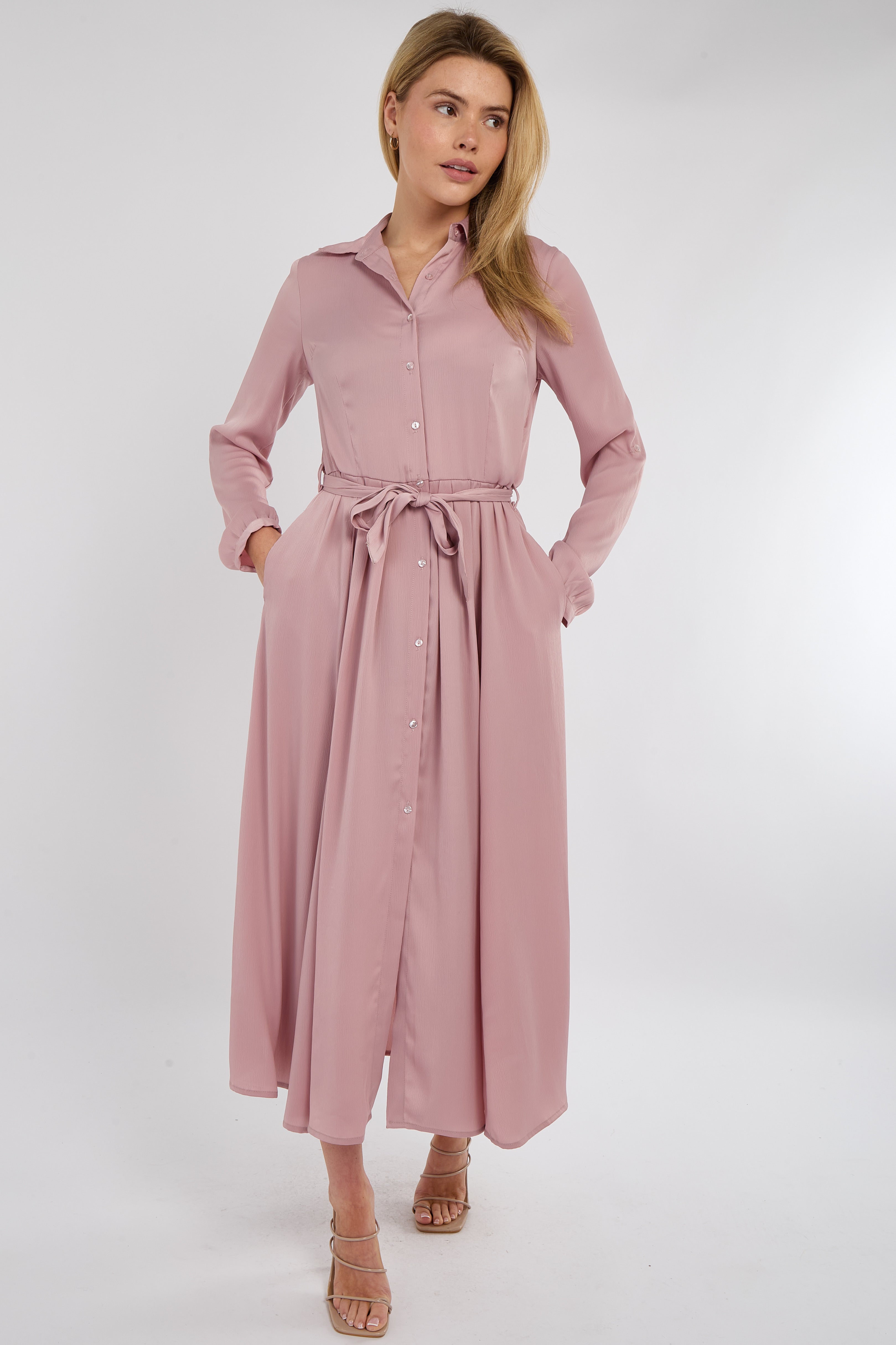Pink Layer Satin Long Sleeve Maxi Shirt Dress
