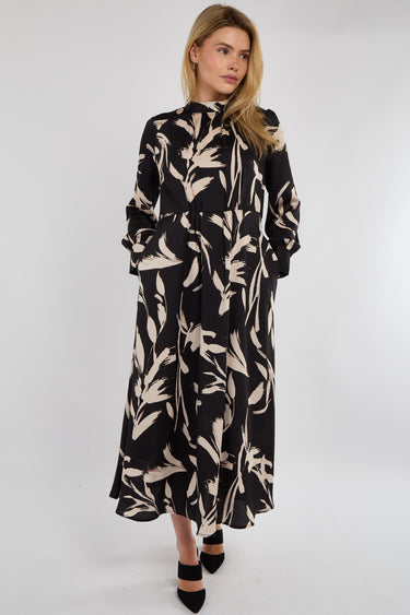 Black Brushstroke Print Pleated Skirt Satin Maxi Dress