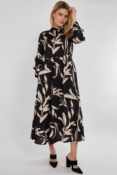 Black Brushstroke Print Pleated Skirt Satin Maxi Dress
