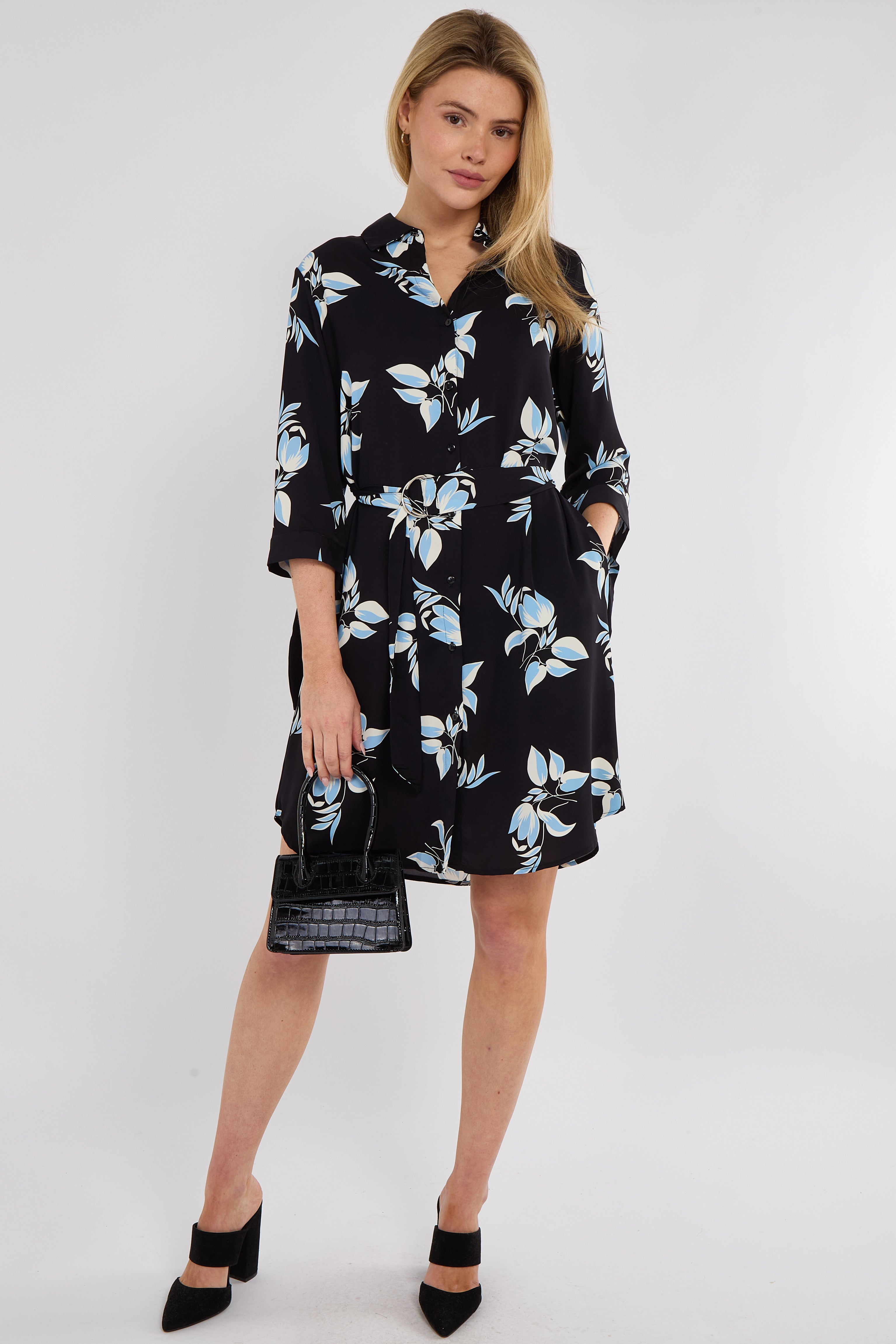 Blue Leaf Print Half Sleeve Mini Shirt Dress