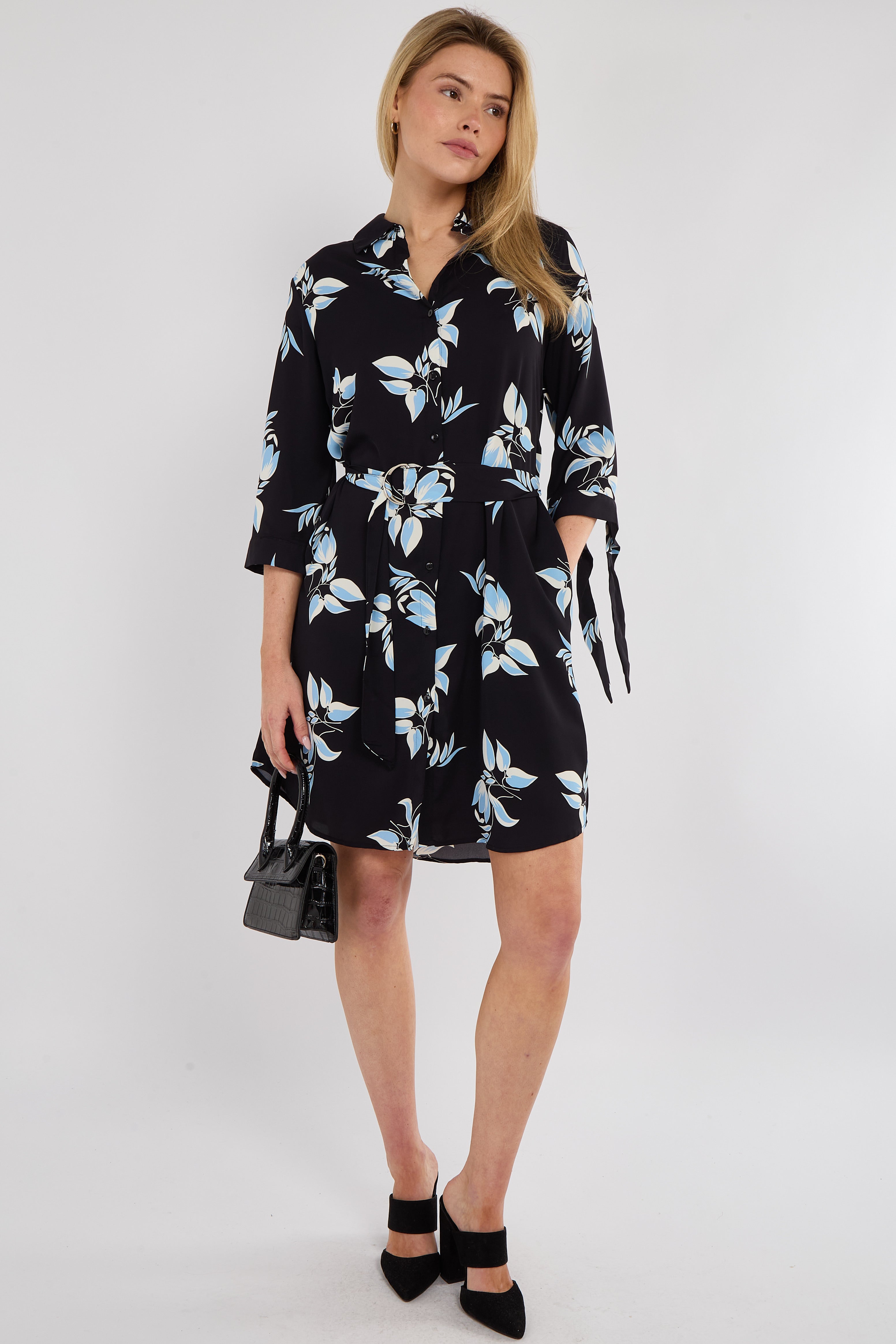 Blue Leaf Print Half Sleeve Mini Shirt Dress