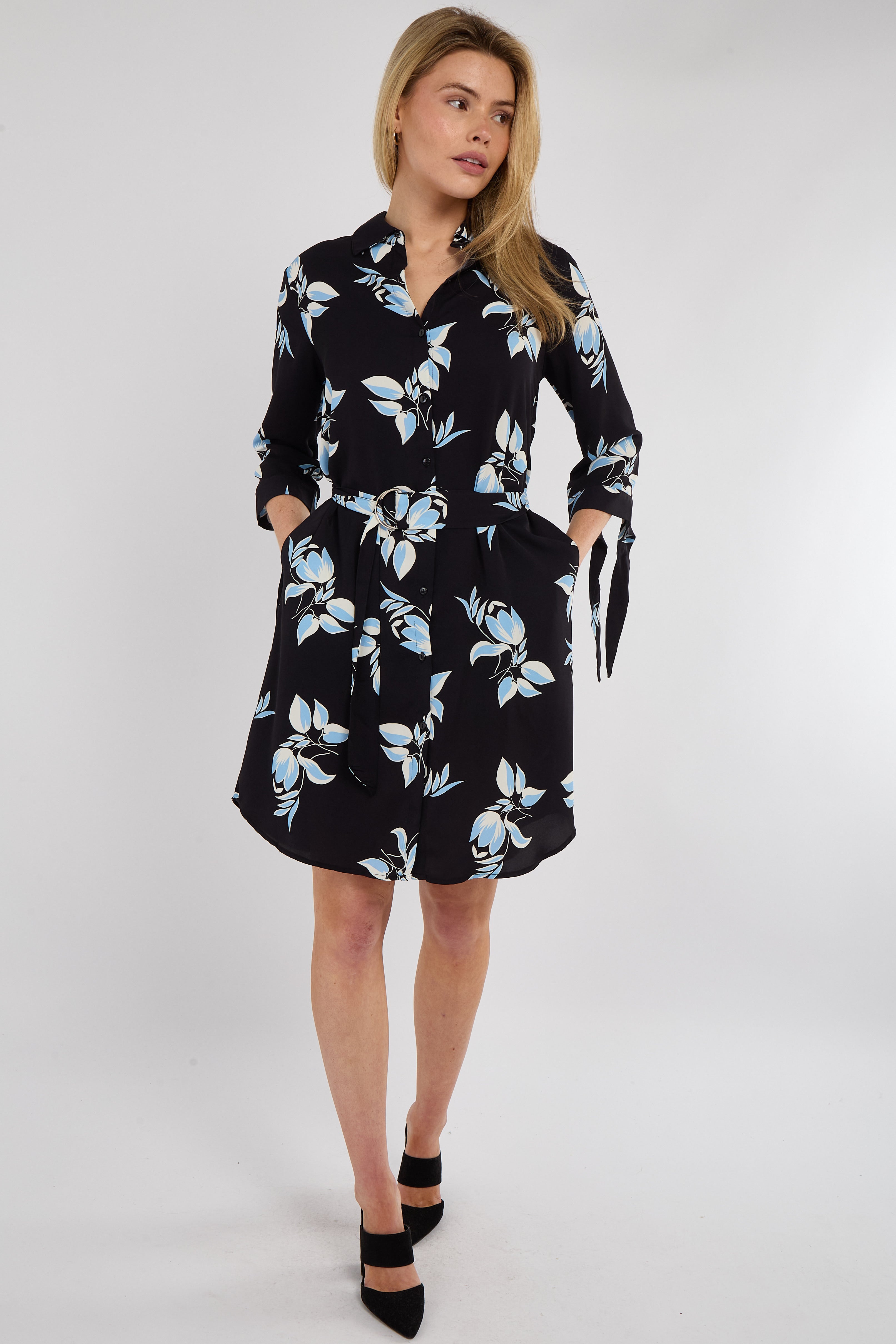 Blue Leaf Print Half Sleeve Mini Shirt Dress