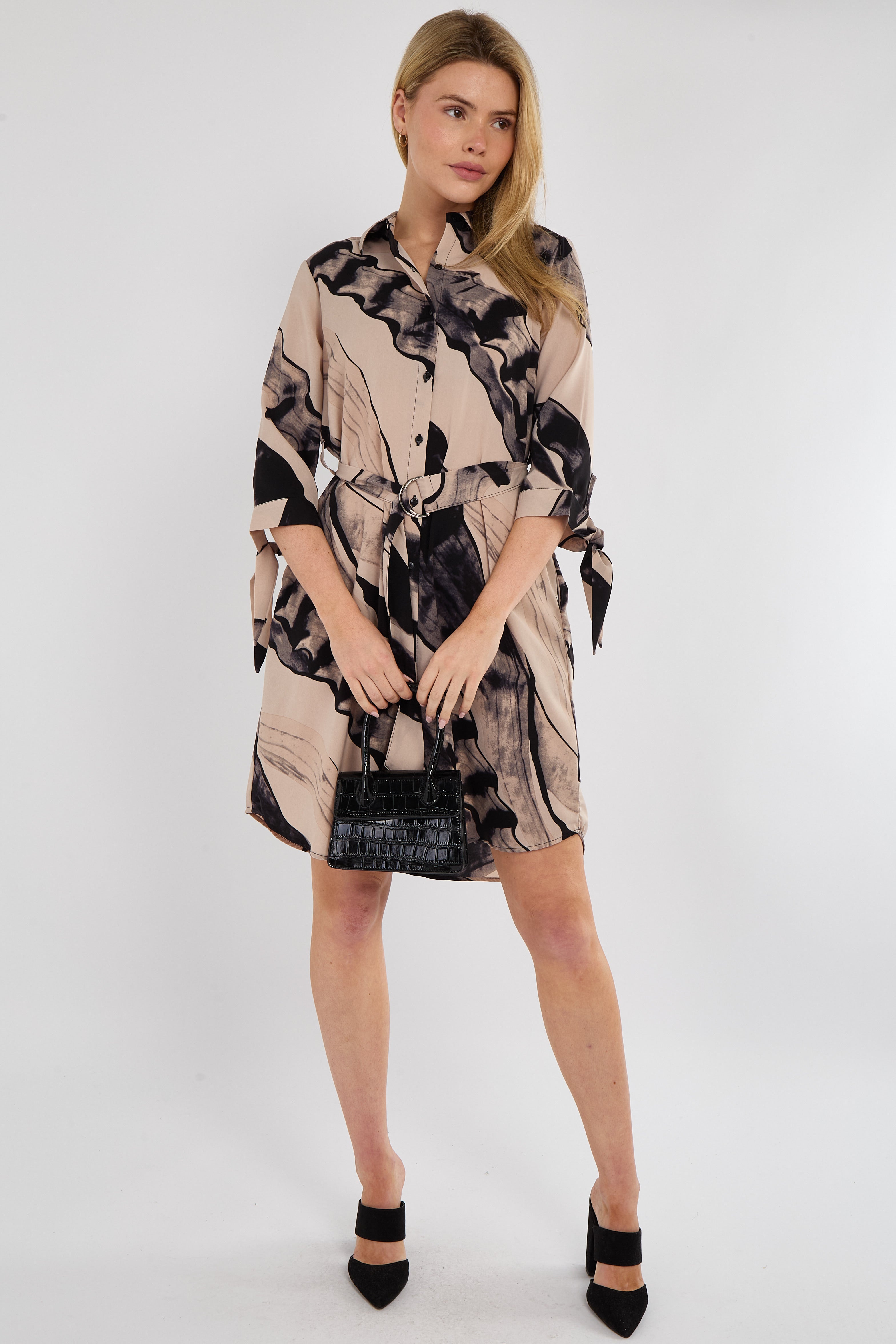 Beige Abstract Print Half Sleeve Mini Shirt Dress