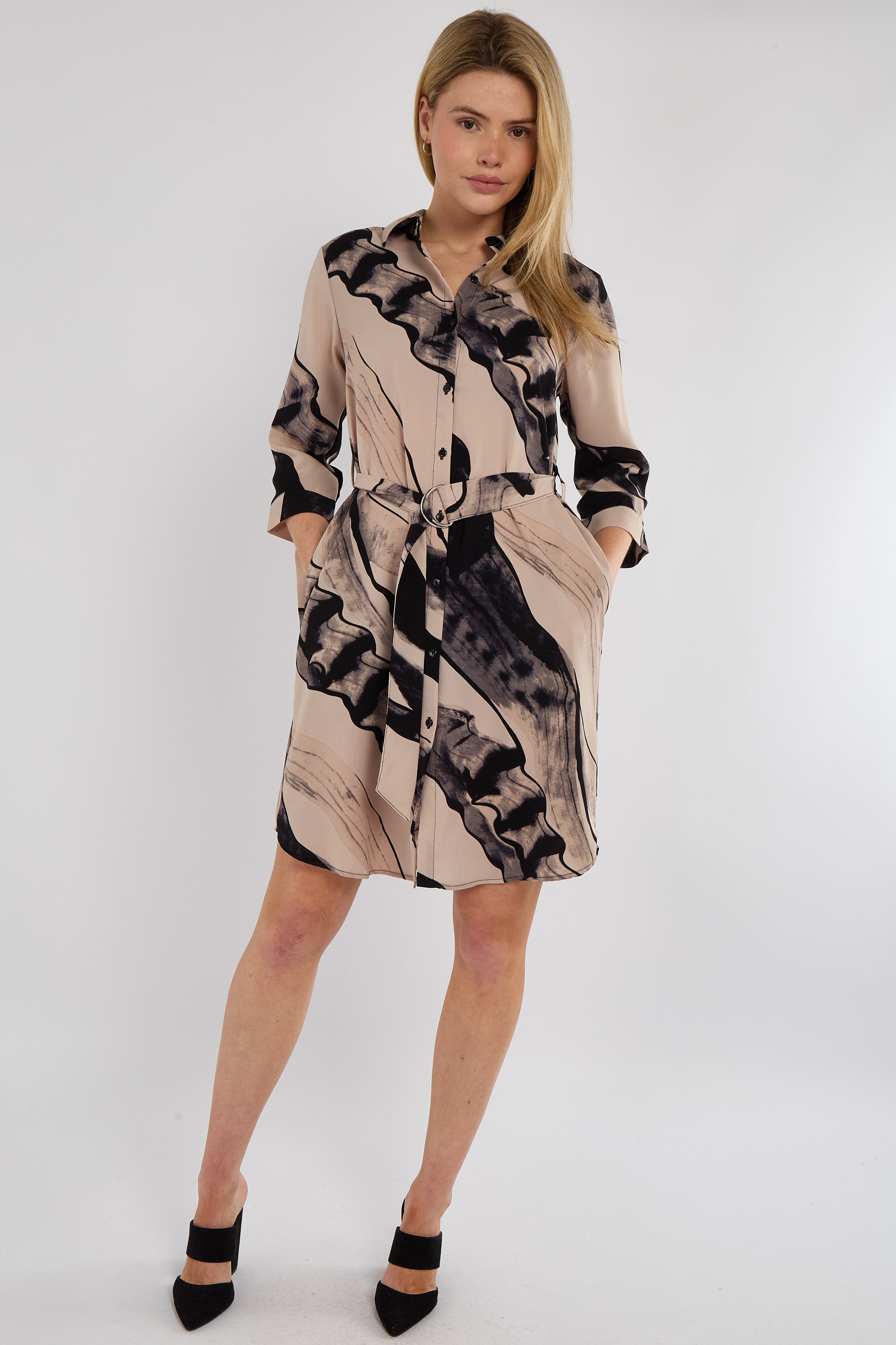 Beige Abstract Print Half Sleeve Mini Shirt Dress