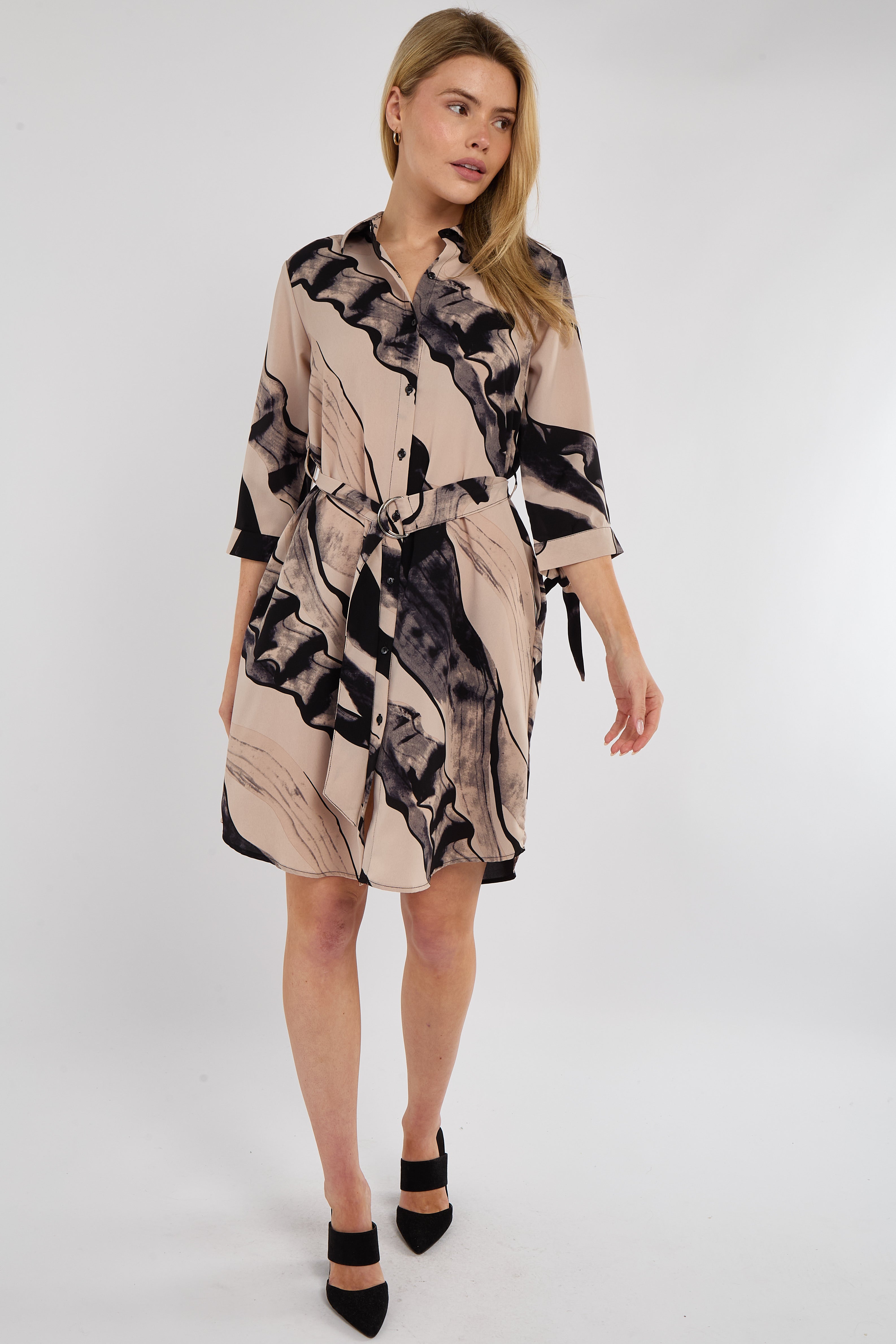Beige Abstract Print Half Sleeve Mini Shirt Dress