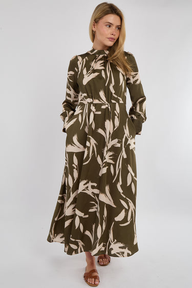 Khaki Brushstroke Print Pleated Skirt Satin Maxi Dress