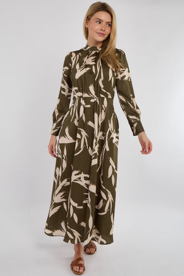 Khaki Brushstroke Print Pleated Skirt Satin Maxi Dress