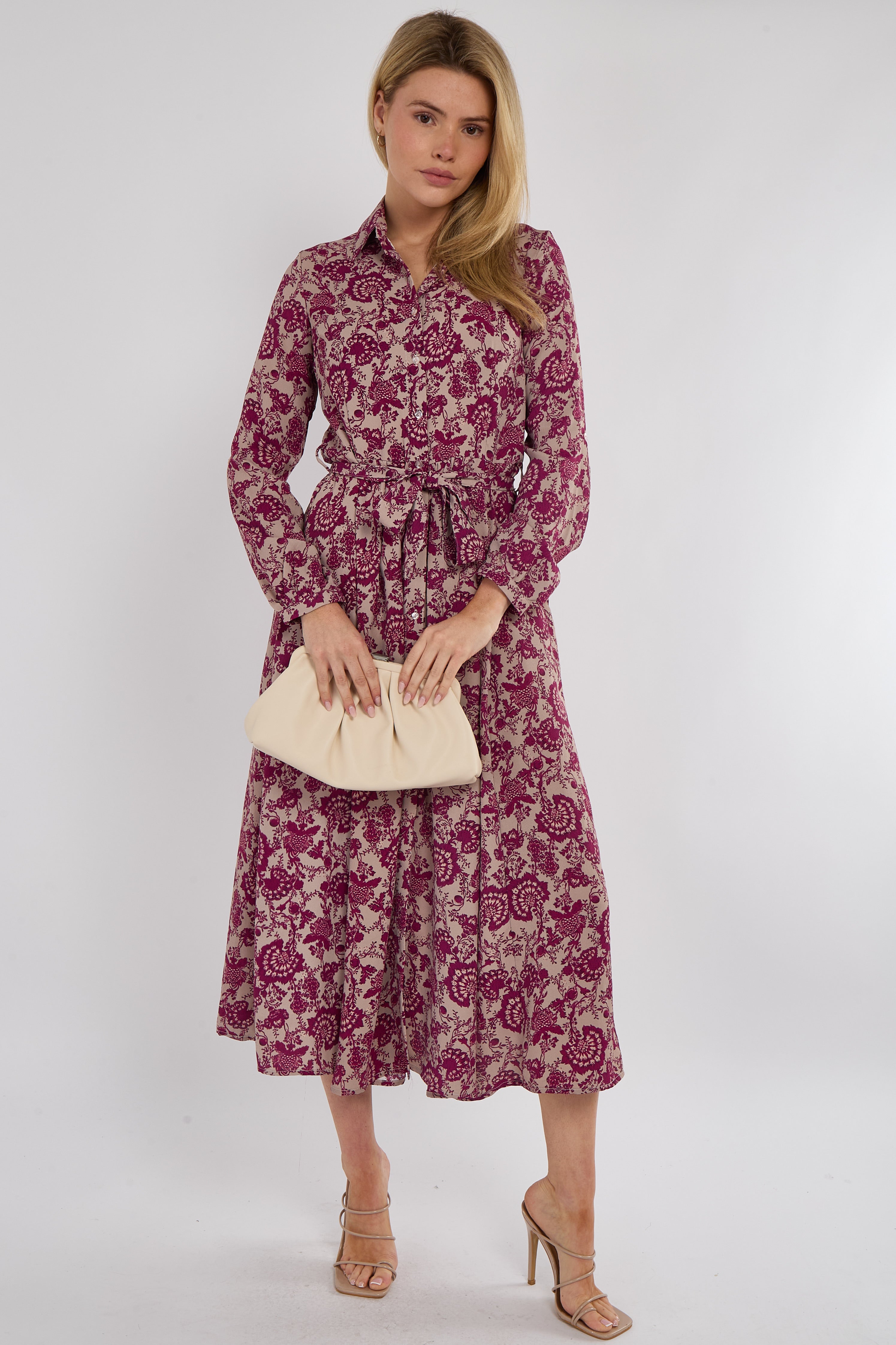 Berry Floral Paisley Print Long Sleeve Maxi Shirt Dress