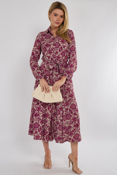 Berry Floral Paisley Print Long Sleeve Maxi Shirt Dress