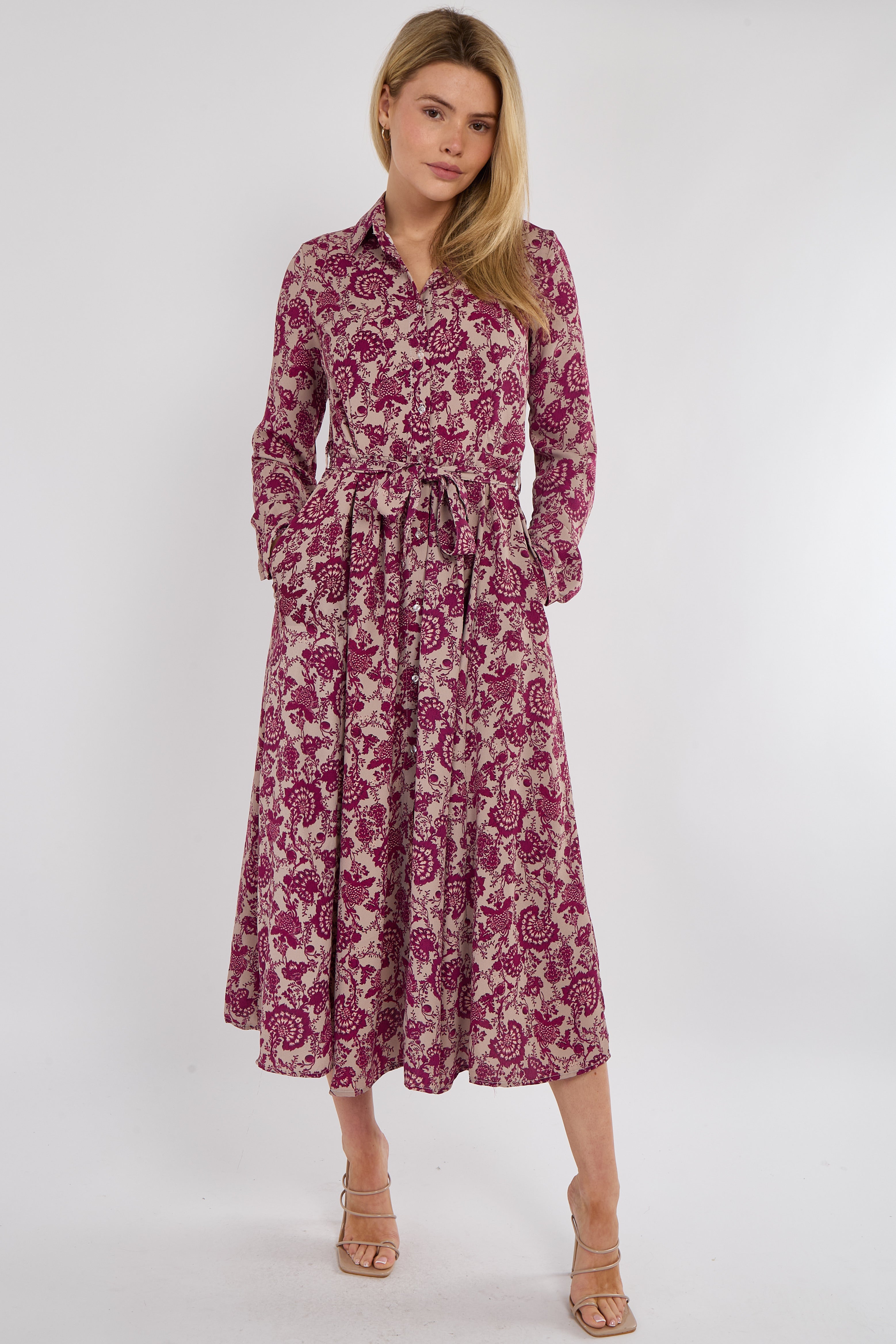 Berry Floral Paisley Print Long Sleeve Maxi Shirt Dress